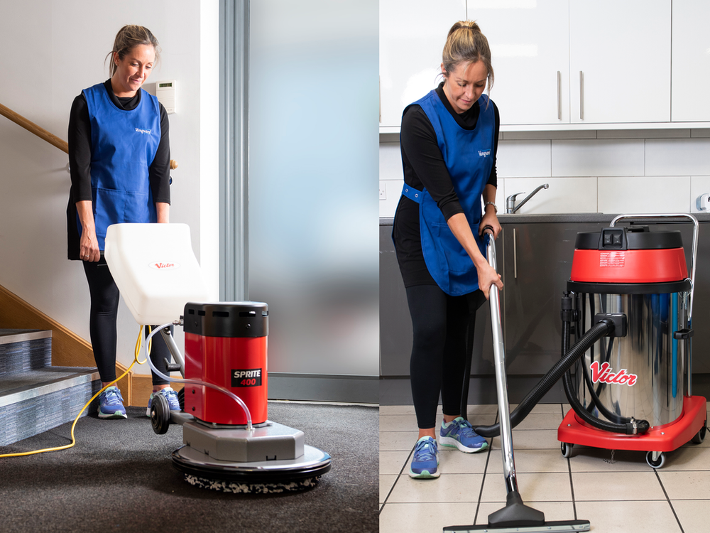 Rotary Floor Machine and Wet and Dry Vacuum in Action